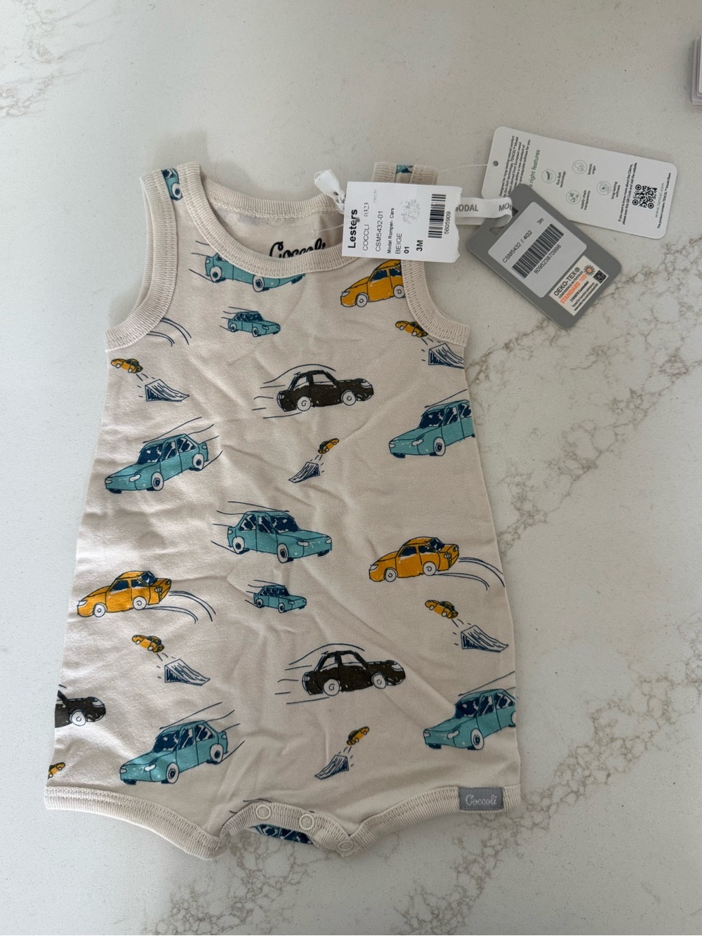 Coccoli Beige Sleeveless Romper with Teal, Yellow & Black Car Print
